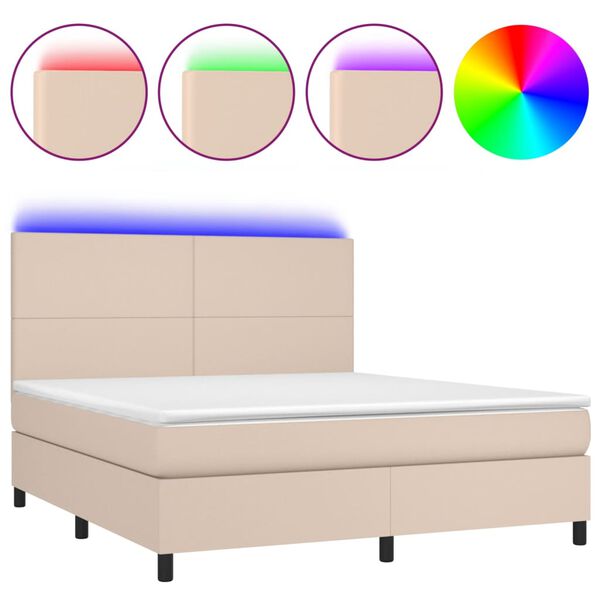 vidaXL Cama box spring colch&oacute;n LED cuero sint&eacute;tico capuchino 180x200cm