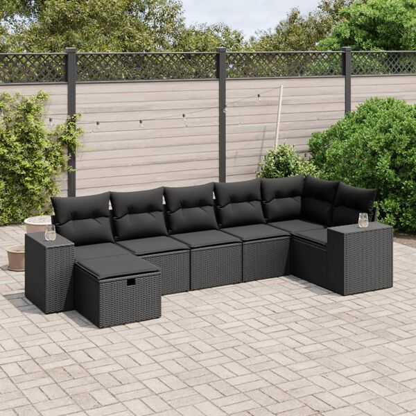 vidaXL Set de comedor de jard&iacute;n 7 pzas y cojines rat&aacute;n sint&eacute;tico negro