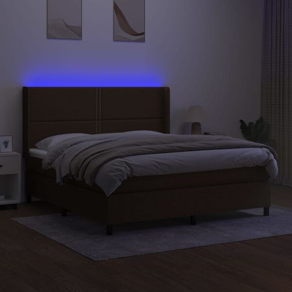 vidaXL Cama box spring colch&oacute;n luces LED tela marr&oacute;n oscuro 160x200cm