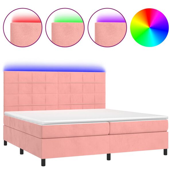 vidaXL Cama box spring colch&oacute;n y LED terciopelo rosa 200x200 cm