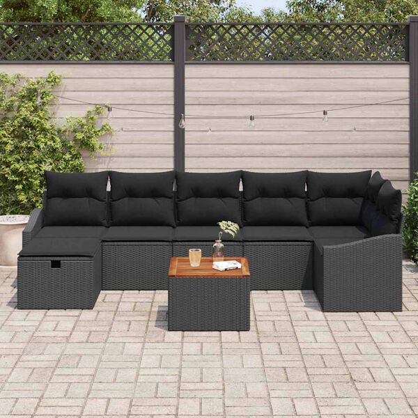 vidaXL Conjunto de sof&aacute;s de jard&iacute;n con coj&iacute;n 8 pcs Negro Polirat&aacute;n