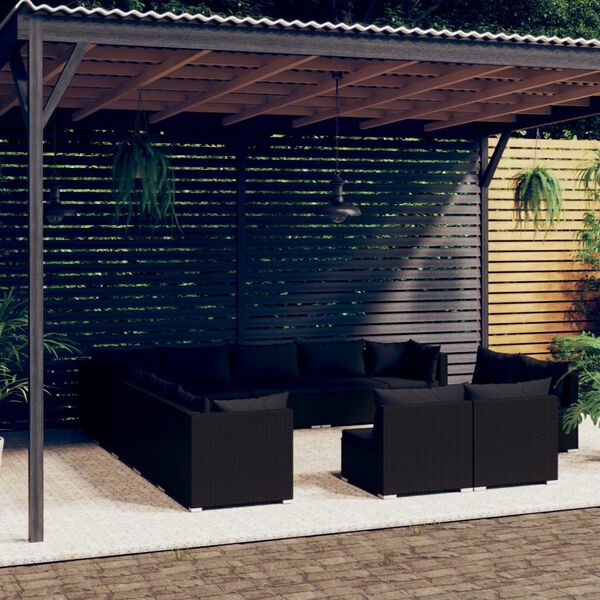 vidaXL Set de muebles de jard&iacute;n 13 pzas cojines rat&aacute;n sint&eacute;tico negro