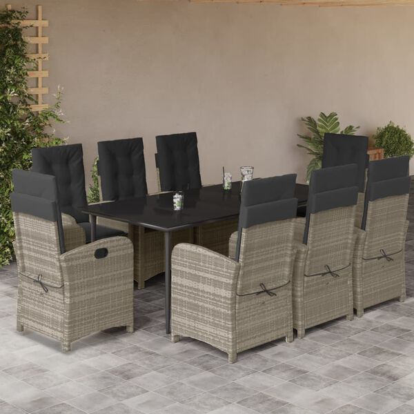 vidaXL Set comedor de jard&iacute;n 9 pzas cojines rat&aacute;n sint&eacute;tico gris claro