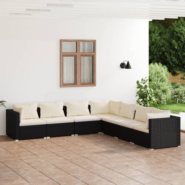 vidaXL Set de muebles de jard&iacute;n 7 pzas y cojines rat&aacute;n sint&eacute;tico negro
