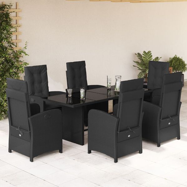 vidaXL Set de comedor de jard&iacute;n 7 pzas y cojines rat&aacute;n sint&eacute;tico negro