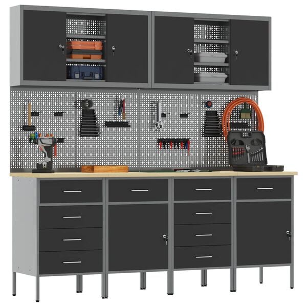 vidaXL Armario de trabajo 10 pcs Negro Madera Ingenierizada y Acero