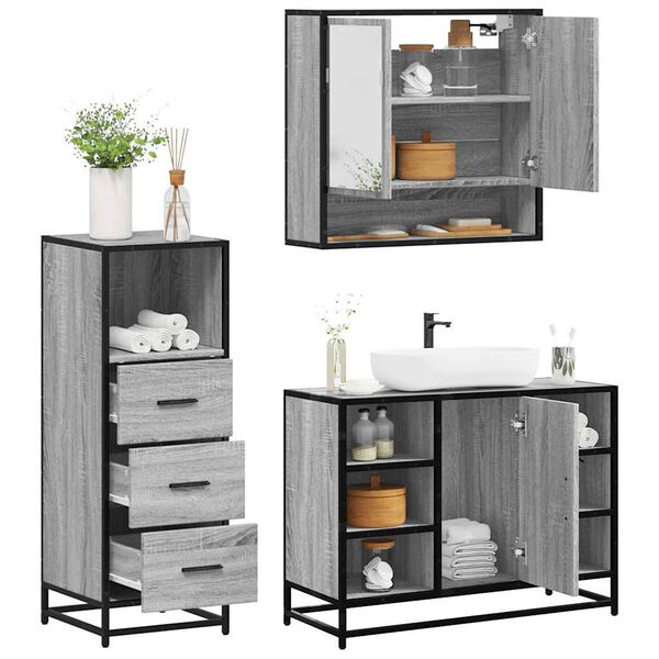 vidaXL Set de muebles de ba&ntilde;o 3 pzas madera contrachapada gris sonoma