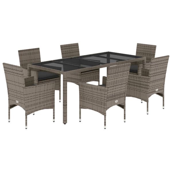 vidaXL Set comedor jard&iacute;n 7 pzas y cojines rat&aacute;n sint&eacute;tico vidrio gris
