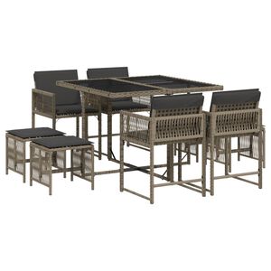 vidaXL Set comedor jard&iacute;n 9 pzas y cojines rat&aacute;n sint&eacute;tico gris