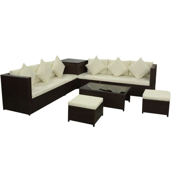 vidaXL Set muebles de jard&iacute;n 8 piezas y cojines rat&aacute;n sint&eacute;tico marr&oacute;n
