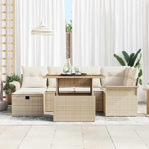 vidaXL Conjunto de sof&aacute; de jard&iacute;n con coj&iacute;n 7 pcs Beige Polirat&aacute;n