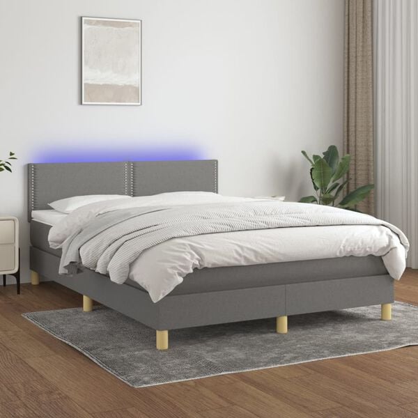 vidaXL Cama box spring colch&oacute;n y luces LED tela gris oscuro 140x190 cm
