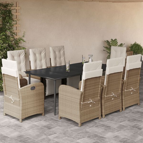 vidaXL Set comedor de jard&iacute;n 9 pzas con cojines rat&aacute;n sint&eacute;tico beige