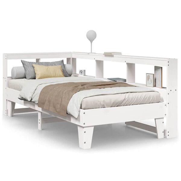 vidaXL Cama con estanter&iacute;a sin colch&oacute;n madera maciza blanco 90x200 cm