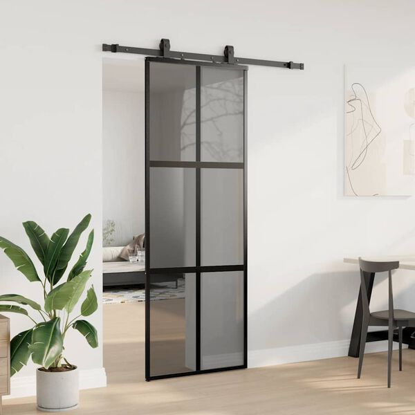 vidaXL Puerta corredera con herrajes negro 76x205 cm vidrio templado
