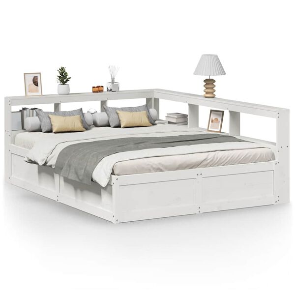 vidaXL Cama con estanter&iacute;a sin colch&oacute;n madera maciza blanca 150x200 cm