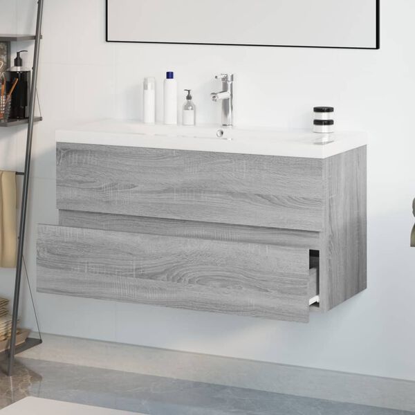 vidaXL Mueble de ba&ntilde;o con lavabo madera contrachapada gris Sonoma