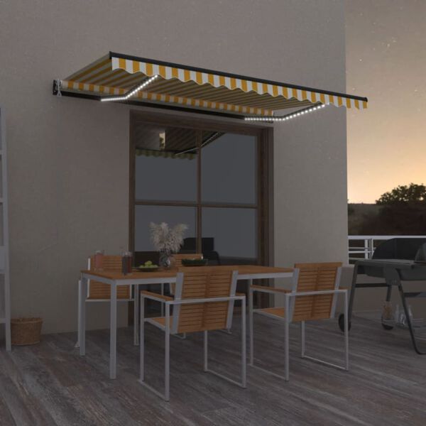 vidaXL Toldo automático LED sensor de viento amarillo blanco 450x300cm