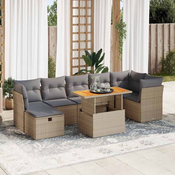 vidaXL Set sof&aacute;s jard&iacute;n y cojines 8 pzas rat&aacute;n sint&eacute;tico acacia beige