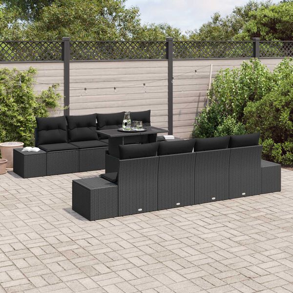 vidaXL Conjunto de sof&aacute; de jard&iacute;n 9 pcs Negro rat&aacute;n sint&eacute;tico