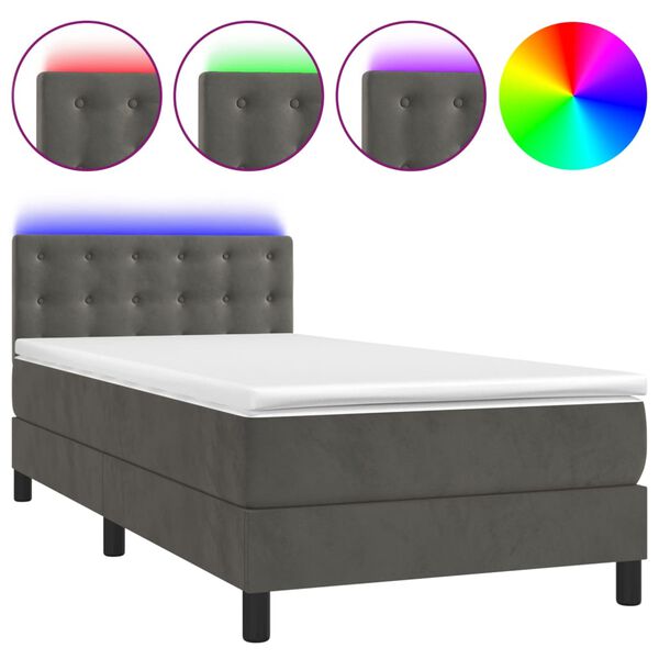 vidaXL Cama box spring colch&oacute;n y LED terciopelo gris oscuro 90x190 cm