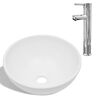vidaXL Lavabo de ba&ntilde;o con grifo mezclador cer&aacute;mica redondo blanco