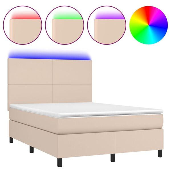 vidaXL Cama box spring colch&oacute;n LED cuero sint&eacute;tico capuchino 140x200cm