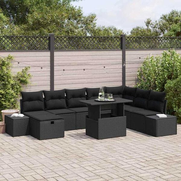 vidaXL Conjunto de sof&aacute; de jard&iacute;n 9 pcs Negro rat&aacute;n sint&eacute;tico