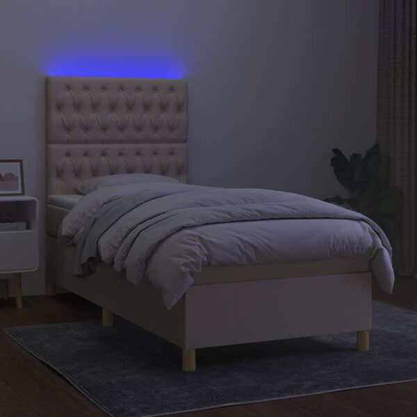 vidaXL Cama box spring colch&oacute;n y luces LED tela color crema 90x190 cm