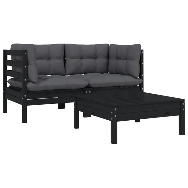 vidaXL Juego muebles de jardín 3 pzas cojines negro madera pino maciza