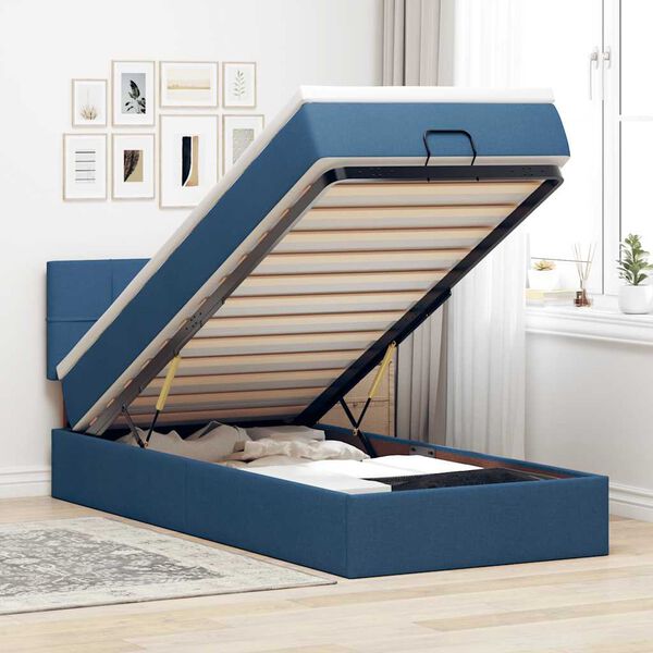 vidaXL Cama otomana con colch&oacute;n y luces LED azul 90x200 cm Tela