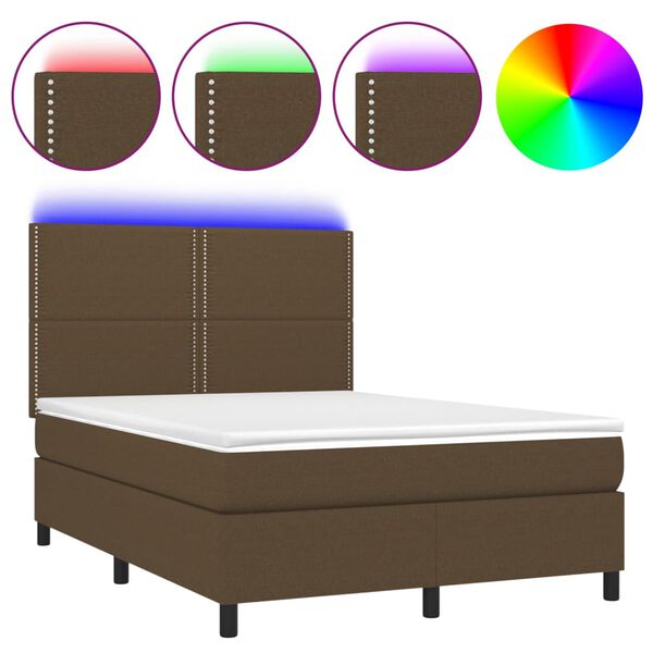 vidaXL Cama box spring colch&oacute;n luces LED tela marr&oacute;n oscuro 140x190 cm