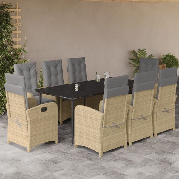 vidaXL Set comedor de jard&iacute;n 9 pzas con cojines rat&aacute;n sint&eacute;tico beige