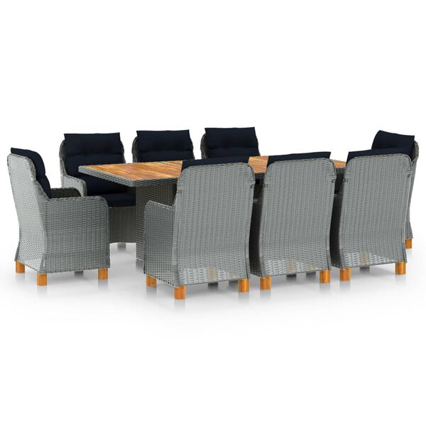 vidaXL Set comedor jard&iacute;n 9 pzas y cojines rat&aacute;n sint&eacute;tico gris claro