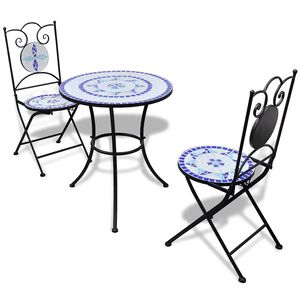 vidaXL Set de mesa y sillas de jard&iacute;n 3 pzas con mosaico azul y blanco