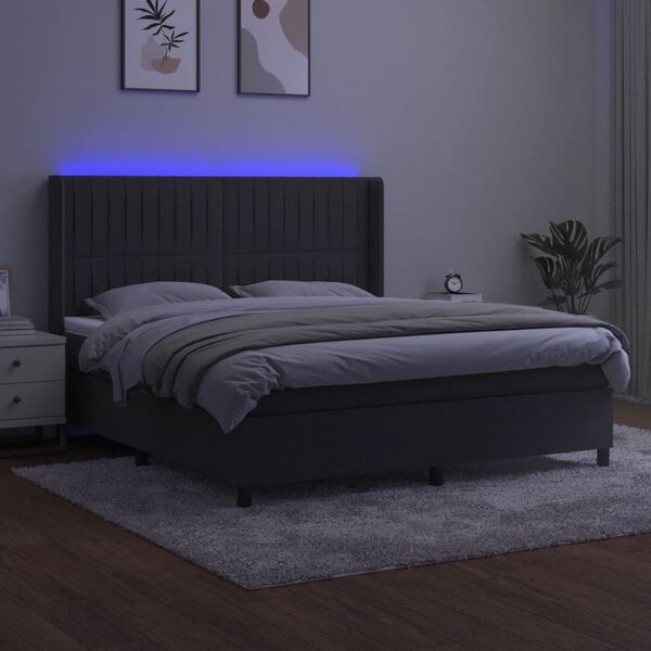 vidaXL Cama box spring colch&oacute;n y LED terciopelo gris oscuro 180x200 cm