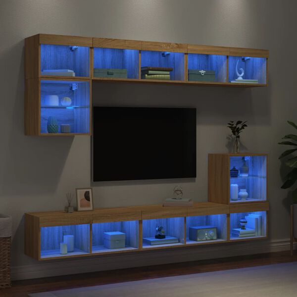 vidaXL Muebles TV pared con LED 8 pzas madera ingenier&iacute;a roble Sonoma