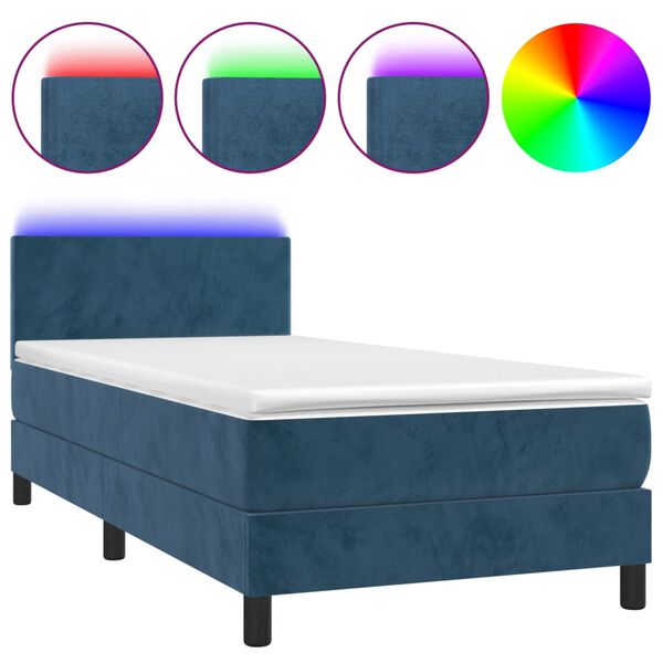 vidaXL Cama box spring colch&oacute;n y LED terciopelo azul oscuro 90x190 cm