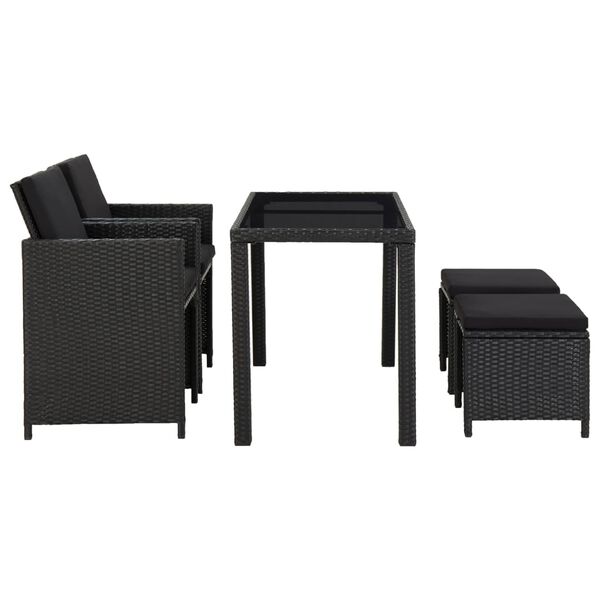 vidaXL Set comedor de jard&iacute;n 5 piezas y cojines rat&aacute;n sint&eacute;tico negro