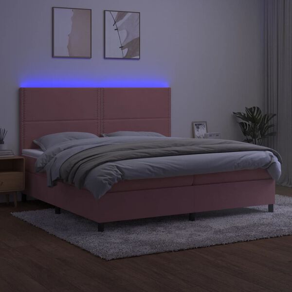 vidaXL Cama box spring colch&oacute;n y LED terciopelo rosa 200x200 cm