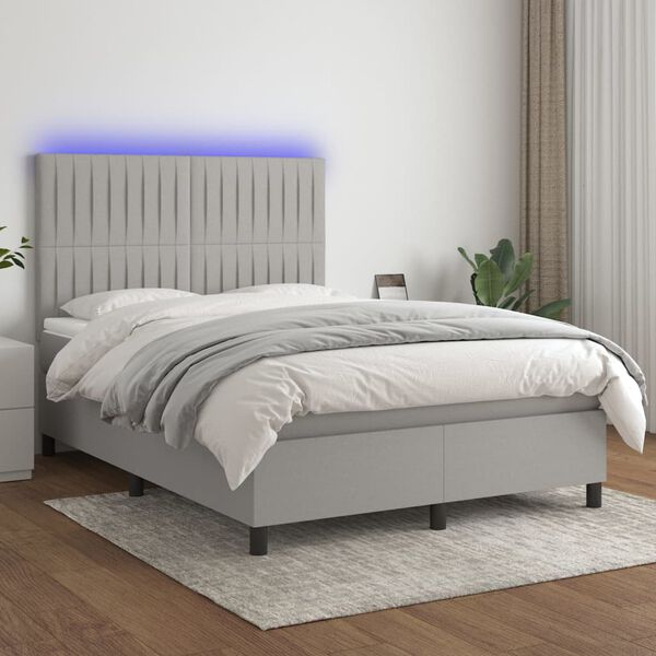 vidaXL Cama box spring colch&oacute;n y luces LED tela gris claro 140x200 cm