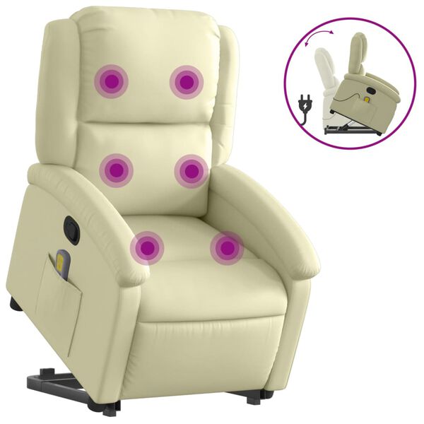 vidaXL Sill&oacute;n reclinable de masaje elevable cuero aut&eacute;ntico crema