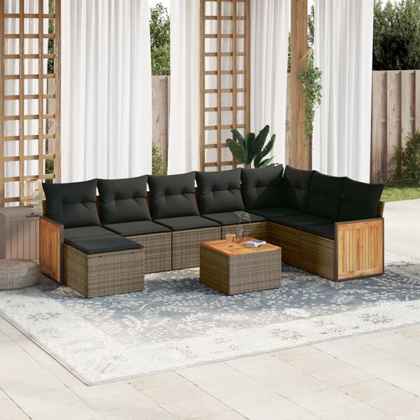 vidaXL Set de muebles de jardín 9 pzas y cojines ratán sintético gris