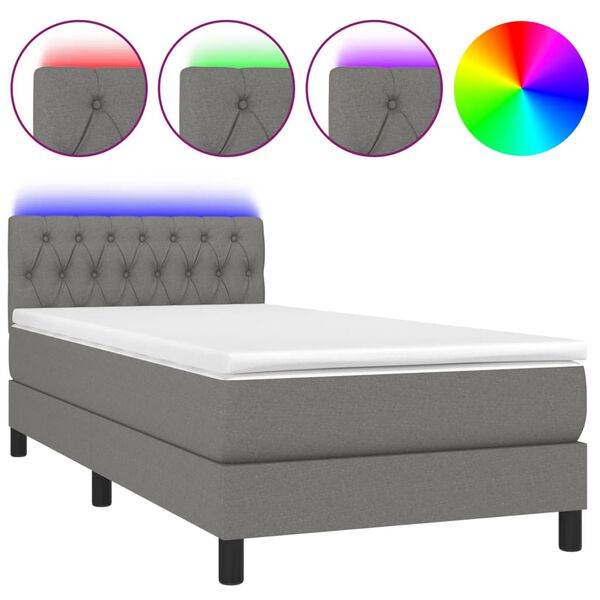 vidaXL Cama box spring colch&oacute;n y luces LED tela gris oscuro 100x200 cm