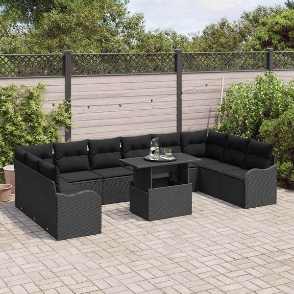 vidaXL Conjunto de sof&aacute; de jard&iacute;n con coj&iacute;n 11 pcs Negro Polirat&aacute;n