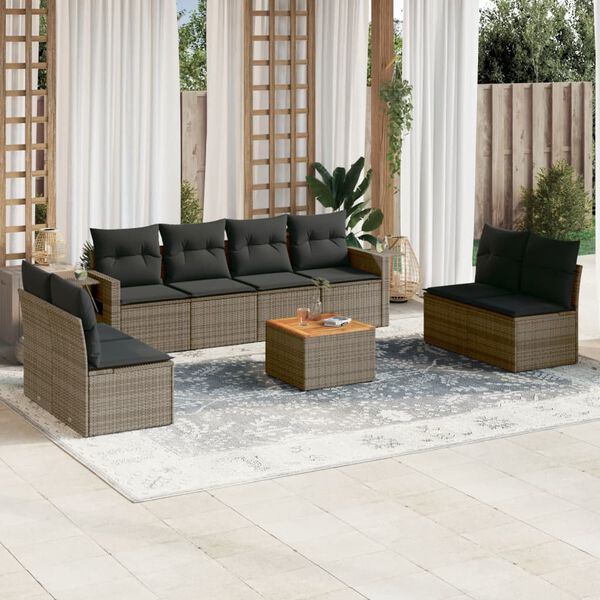 vidaXL Set de muebles de jard&iacute;n 9 pzas y cojines rat&aacute;n sint&eacute;tico gris