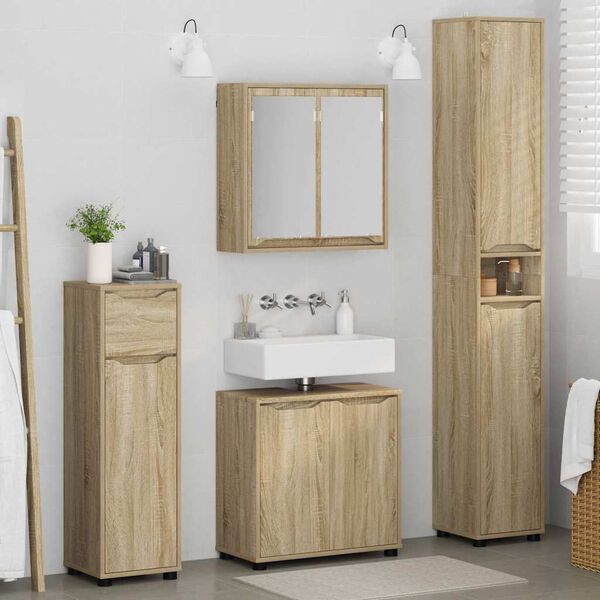 vidaXL Juego de muebles de ba&ntilde;o con caj&oacute;n con rueda 4 pcs Roble Sonoma