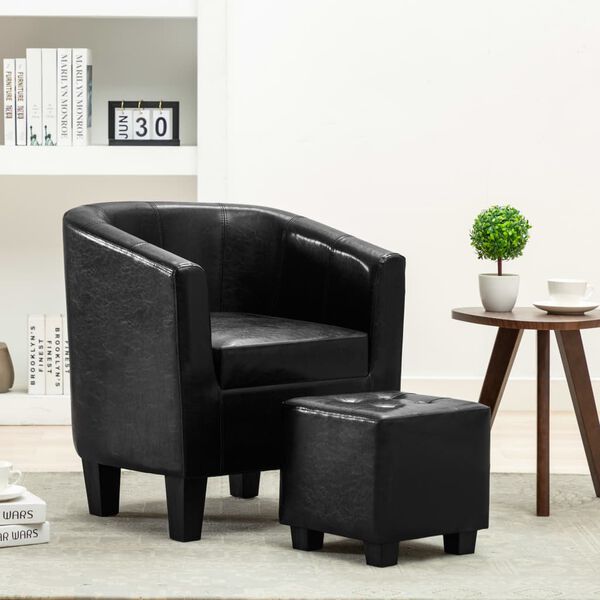 vidaXL Sill&oacute;n con dise&ntilde;o de cubo con reposapi&eacute;s cuero sint&eacute;tico negro