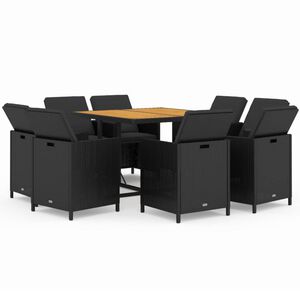 vidaXL Set de comedor de jard&iacute;n 9 pzas y cojines rat&aacute;n sint&eacute;tico negro