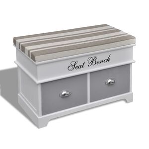 Banco ba&uacute;l de madera y cojin gris, con cajones